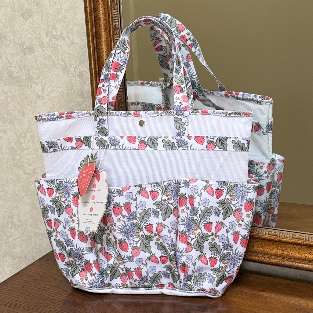 Envogue White Polyester Coated Waterproof Tote With Pink Strawberry Floral Print
